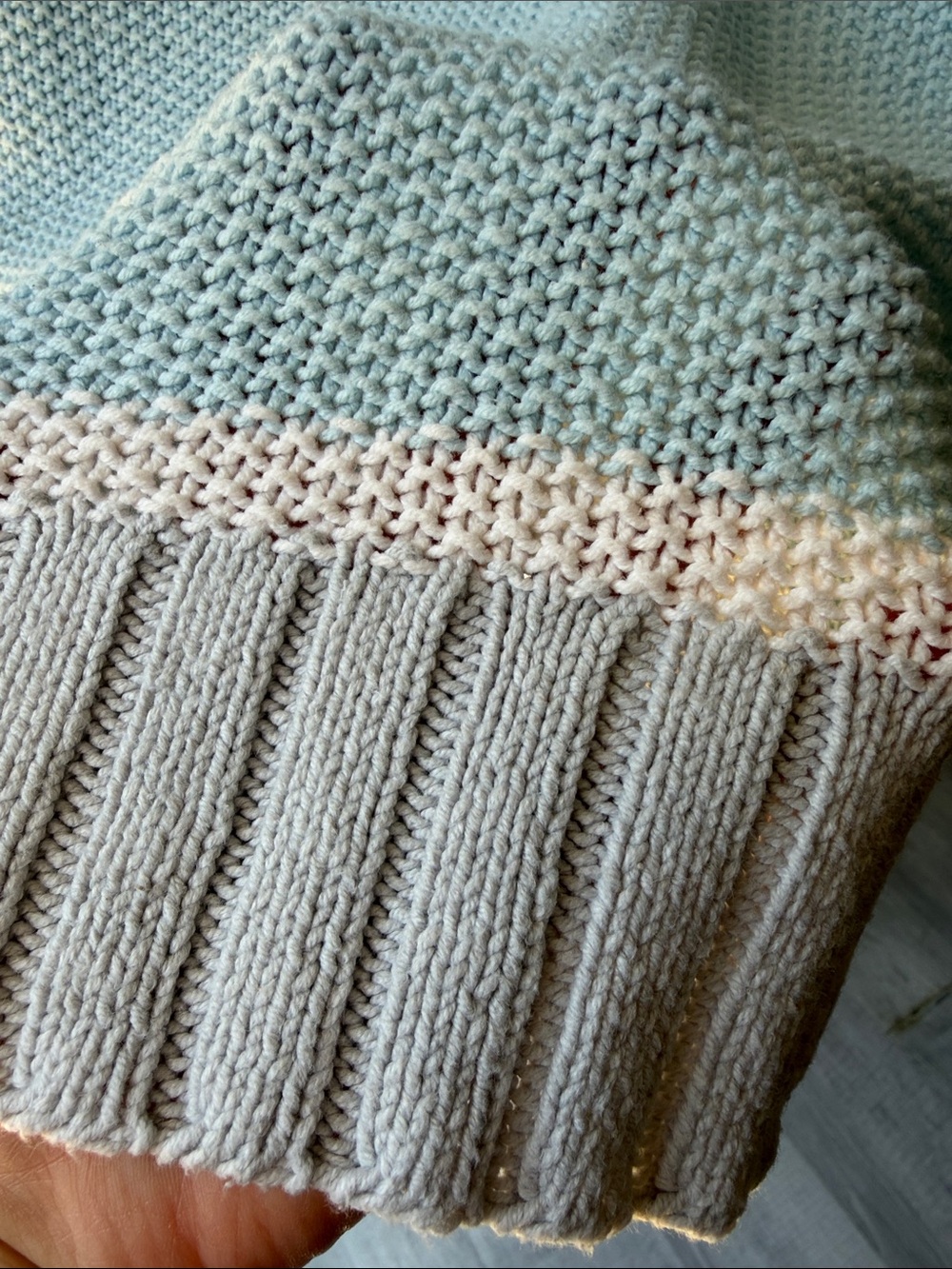 Lisa Todd Light Blue Crewneck Sweater with Pink and Olive Stripes, Size L. - Picture 14 of 15